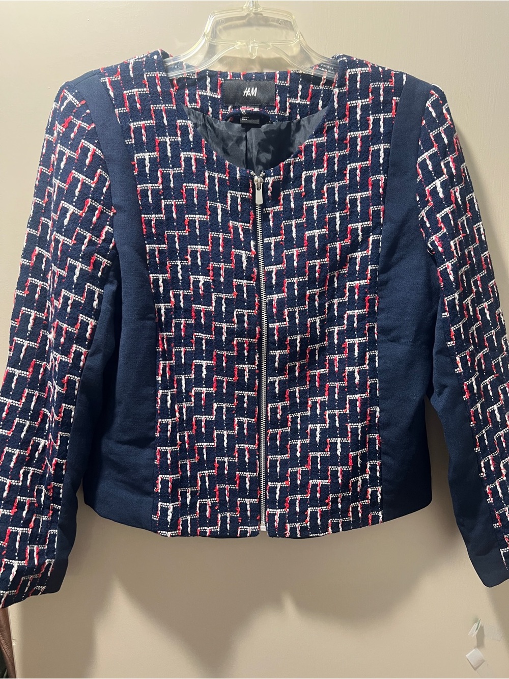 H&M Navy Tweed Zip-Front Blazer with Red & White Accents